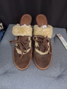 Ganni Brown Suede Fur-Trim Slip-On Loafers
